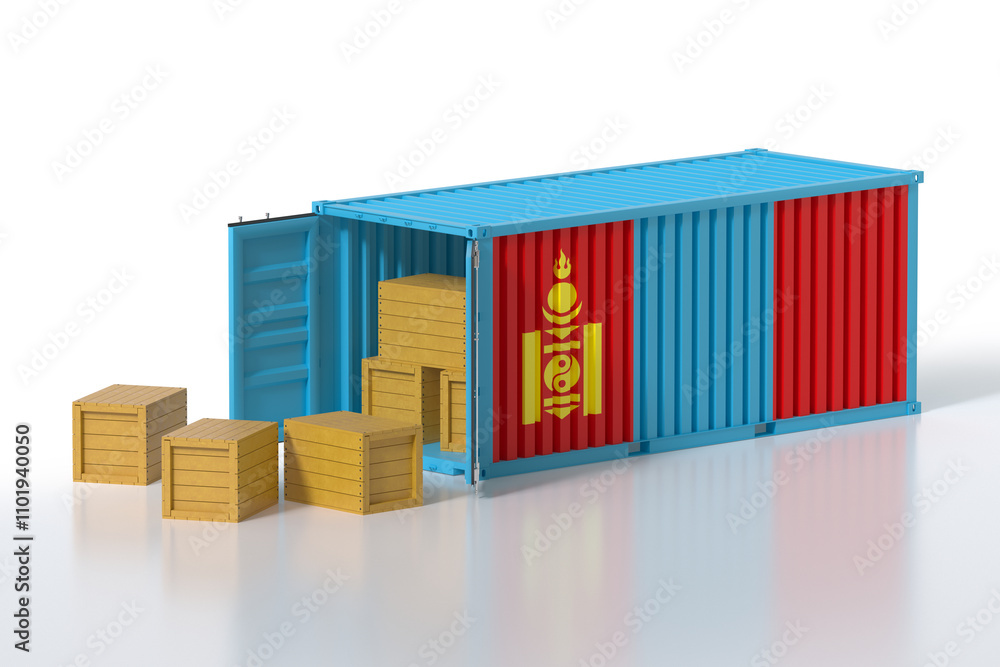 Poster cargo container with mongolia flag being unloaded with wooden crates on white background