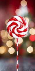 Peppermint lollipop with cozy christmas background