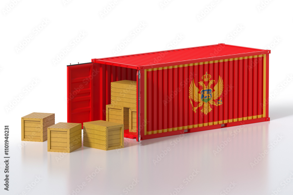 Poster cargo container with montenegro flag being unloaded with wooden crates on white background