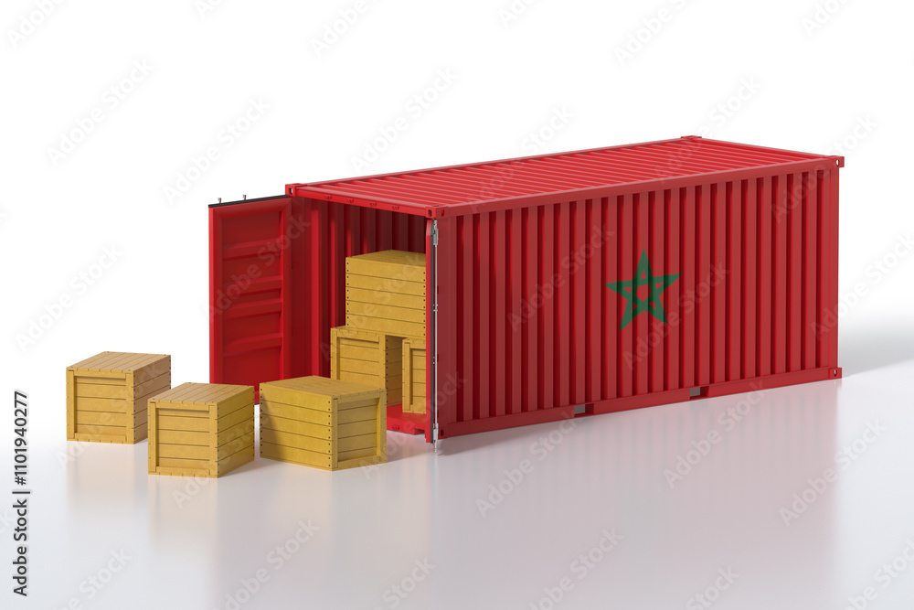Poster cargo container with morocco flag being unloaded with wooden crates on white background