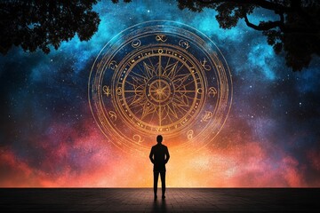 A whimsical watercolor scene of an astrologer gazing at a vibrant zodiac wheel glowing softly against a starry background