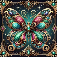 A regal butterfly featuring vibrant gemstones and ornate details, set in a celestial scene.