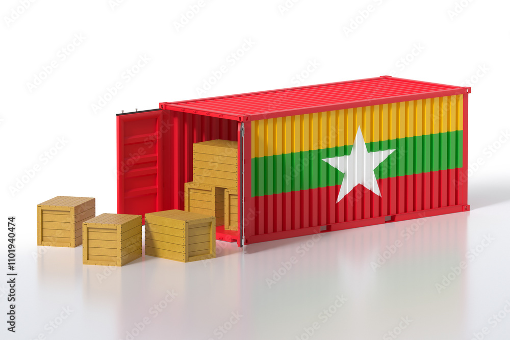 Poster cargo container with myanmar flag being unloaded with wooden crates on white background