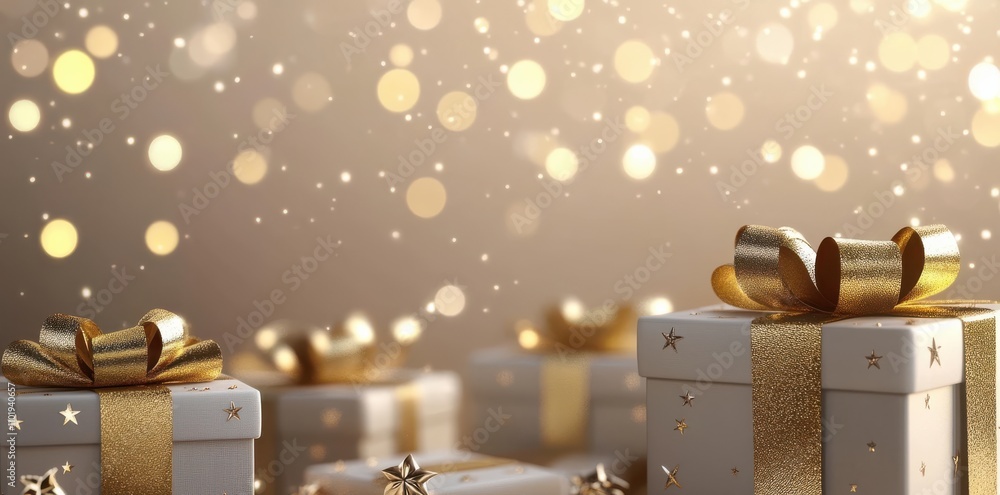 Poster gift boxes with golden ribbons and star patterns are beautifully arranged against sparkling bokeh ba