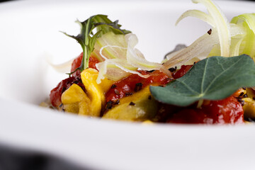 Italian pasta, ravioli, with tomato and vegetables.