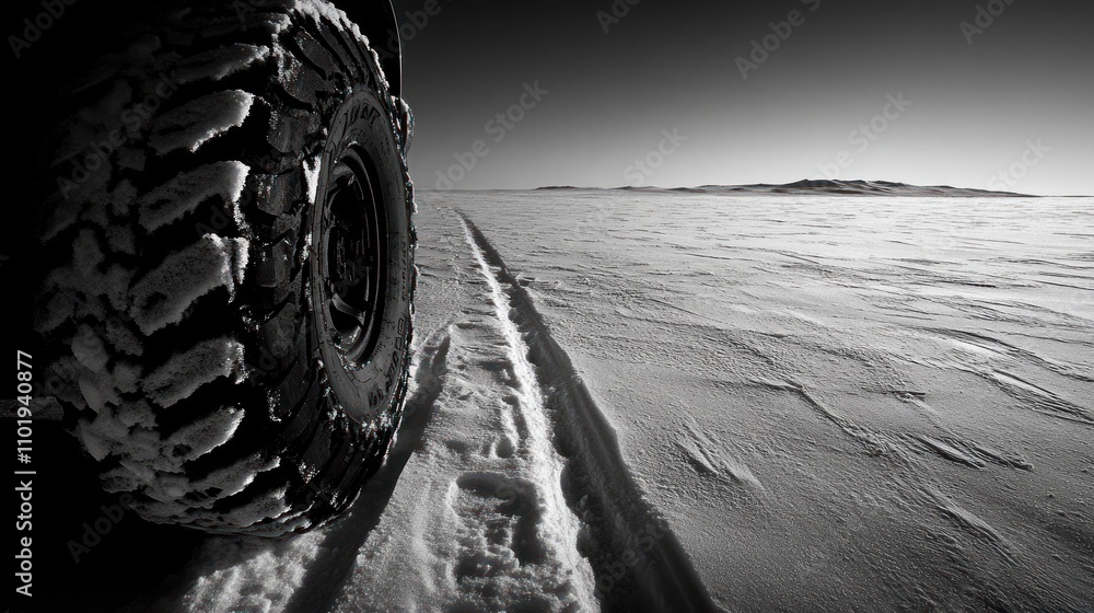 Poster a close-up of a tire on snow-covered terrain, emphasizing isolation and rugged exploration.