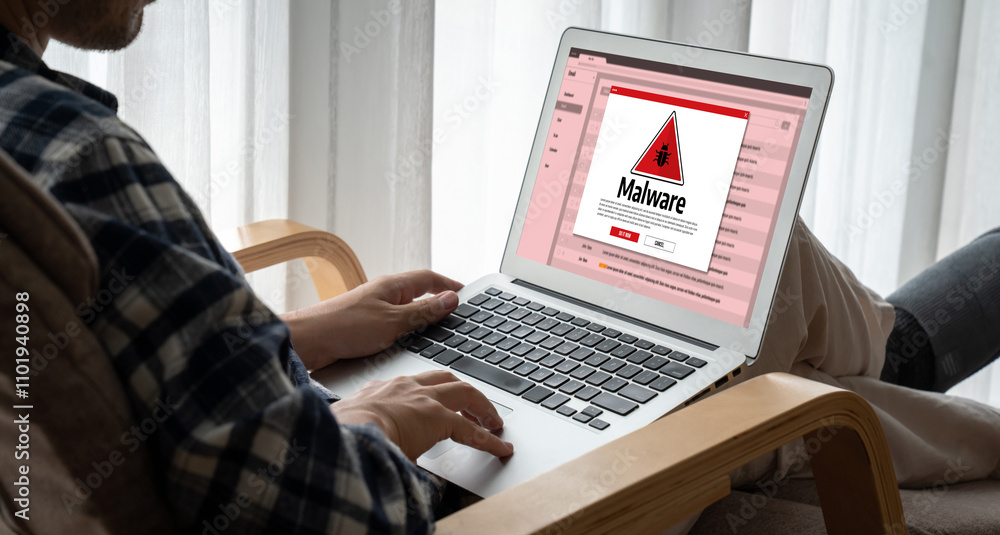 Poster cyber attacking concept. malware alert showing on computer screen display scam and threat detection 