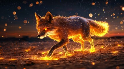 Mystical Fiery Fox Running Through Ethereal Night Landscape