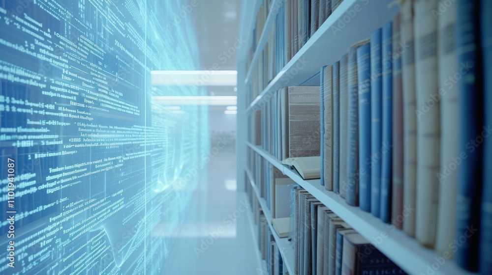 Poster a digital code visualization blends with a modern library interior, symbolizing the intersection of 