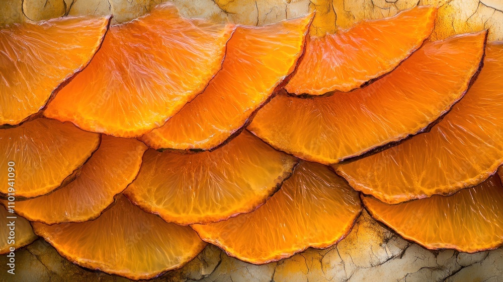 Poster a close-up of vibrant orange citrus slices arranged in a layered pattern.