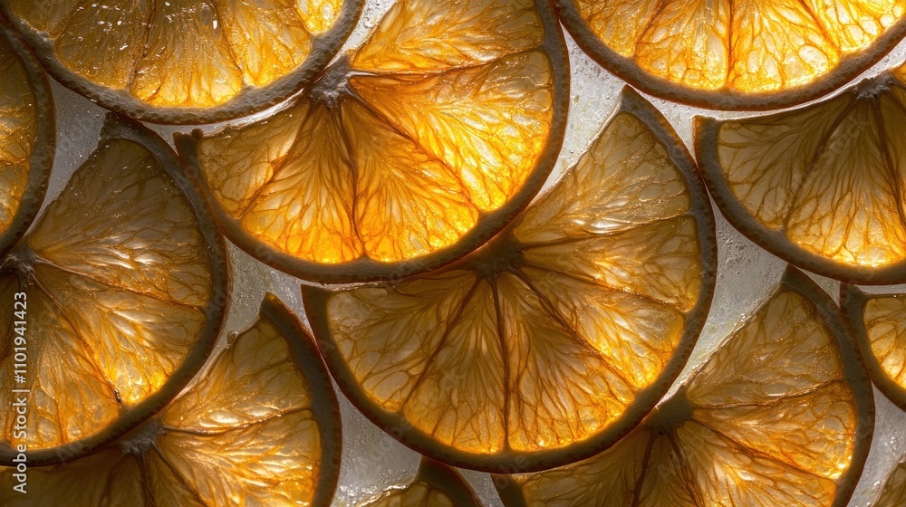 Poster brightly lit orange slices arranged in a visually appealing pattern.