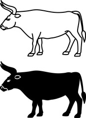 Bull Icons. Black and White Vector Illustrations. Even-toed Ungulates Mammal, Cattle. Agriculture, Farming. For Coloring Book Design. Domestic Animals Concept