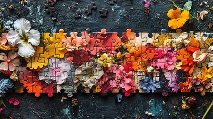 Colorful Puzzle Pieces Forming a Progress Bar Symbolizing Completion of a Complex Project