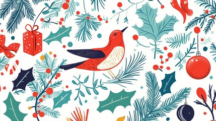 Fototapeta premium Colorful Holiday Card Illustration Featuring Festive Elements and Nature