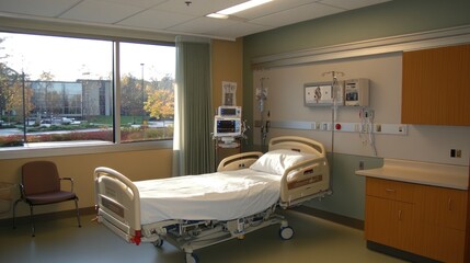 Modern Hospital Room With Empty Patient Bed And View
