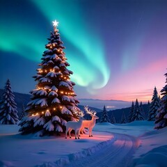 A serene snowy landscape featuring a towering Christmas tree with twinkling white lights, accompanied by lifelike reindeer statues, beneath a dramatic swirl of blue and pink northern lights during the
