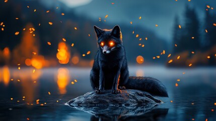 Mystical Black Cat Sitting Amid Flickering Embers and Ghostly Smoke in Enchanted Autumn Night