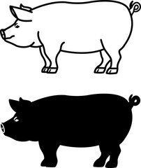 Pig Icons. Black and White Vector Illustrations. Artiodactyl Mammal. Agriculture, Farming. For Coloring Book Design. Domestic Animals Concept