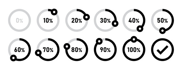 Infographic loading circles and progress circles set with 0 to 100 percent in black color. Set of circle percentage diagrams for infographics 0 10 20 30 40 50 60 70 80 90 100 percent. Vector icon