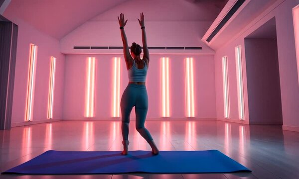 Yoga Pose in a Modern Studio with Neon Lights