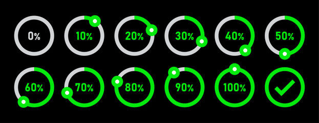 Percentage infographics in green colors. Circle loading and circle progress collection. Set of circle percentage diagrams for infographics 0 10 20 30 40 50 60 70 80 90 100 percent on black background.