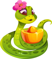 Fototapeta premium Cartoon green snake character adorned with a flower, wrapped around of traditional Chinese gold ingot, symbolizing Lunar New Year 2025 celebration, prosperity, wealth, happiness and holiday spirit
