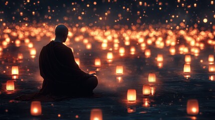 Meditative monk sits amidst a glowing field of lanterns, creating a serene, sacred, and ethereal atmosphere.