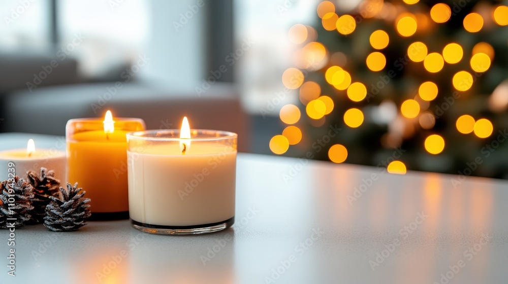 Poster this image shows lit candles on a table with a glowing, out-of-focus christmas tree in the backgroun
