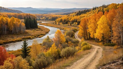 Autumnal river valley with a winding path through a forest of vibrant golden foliage, outdoors, landscape photography, winding path, golden foliage