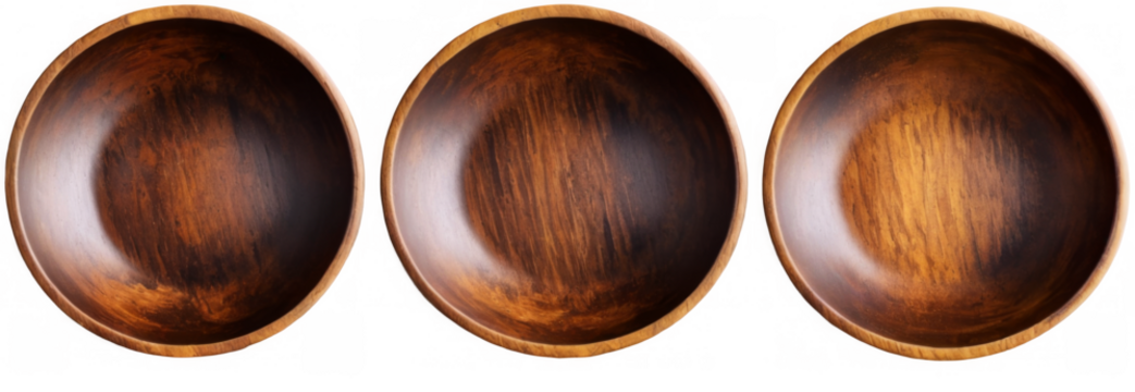 Round Wooden Bowls in Triangular Formation on transparent background, Varying in Size and Color, Polished Dark Textured Wood Surface.