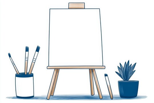 art studio setup with easel, brushes, plant clip art preview
