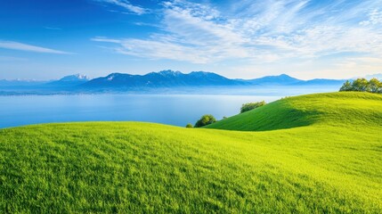 Obraz premium A serene landscape featuring lush green hills and a tranquil lake under a blue sky.