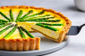 Asparagus quiche being sliced, showing layers of flaky crust, eggs, cheese, and vibrant green asparagus tips