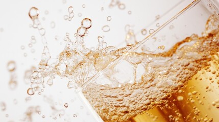 Bubbles and champagne splashing inside a glass, creating a vibrant and festive motion, on white
