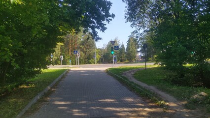 Crosswalk with markings across the asphalt road at the intersection is regulated by traffic lights and road signs. A tiled pedestrian path runs through the city park. Sunny autumn weather and blue sky