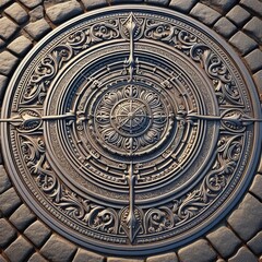 Fototapeta premium Manhole Cover Detail Intricate design of a manhole cover emphasi