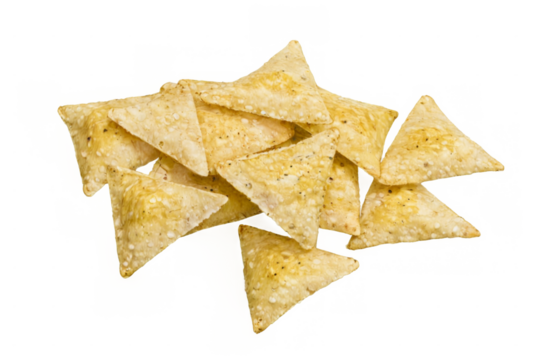 Golden brown triangular tortilla chips arranged creatively on transparent background, showcasing fresh, textured appearance; high contrast image. - Powered by Adobe