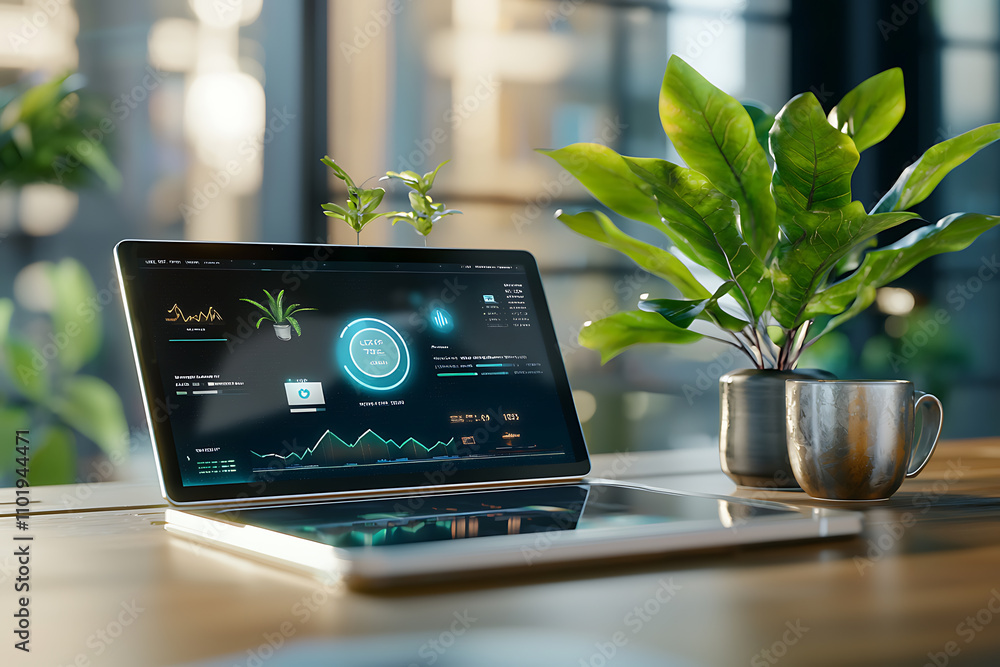 Poster virtual financial dashboard displaying holographic data insights modern office digital technology co