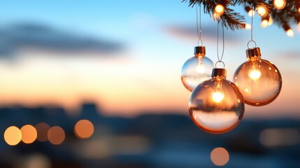 Three golden ornaments glisten softly on a tree with a tranquil twilight sky, creating a serene holiday ambiance filled with elegance and festive charm for the observer.