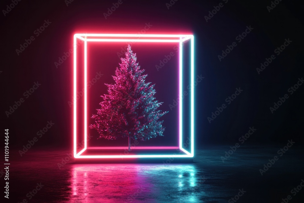 Aufkleber neon tree in a glowing cube, showcasing vibrant colors against a dark backdrop, creating a futuristi