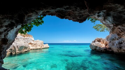 Fototapeta premium A picturesque scene of crystal clear blue waters viewed through a rocky cave entrance, with bright skies and lush greenery adding to the serene coastal panorama.