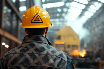 A concept image illustrating the risk of industrial injury, showing a worker in a factory environment surrounded by various safety hazards, such as exposed machinery and slippery surfaces. The composi