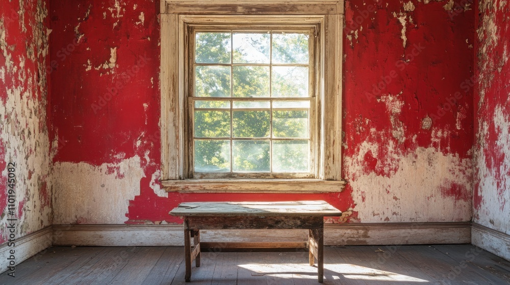 Poster a rustic room with a weathered table and a large window, showcasing peeling red walls.