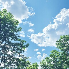 Fototapeta premium A beautiful blue sky with soft, white clouds and a gentle breeze rustling the trees, rustling leaves, trees, gentle breeze, spring