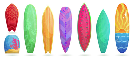 Set of gradient different kinds of surfboards with patterns and textures.Collection of items for summer beach activities items and nautical sports stuff. Summer vibe