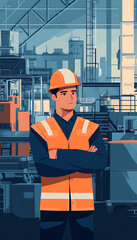 A concept image illustrating the risk of industrial injury, showing a worker in a factory environment surrounded by various safety hazards, such as exposed machinery and slippery surfaces. The composi