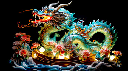 Obraz premium Vibrant Dragon Sculpture Against Dark Background
