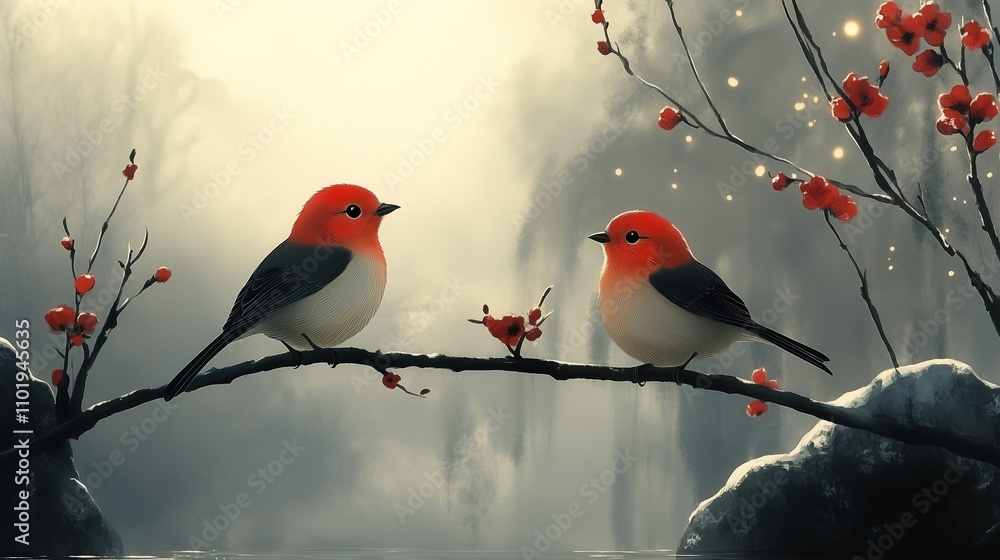 Poster two colorful birds perched on a branch with blossoms against a misty background in a serene setting.