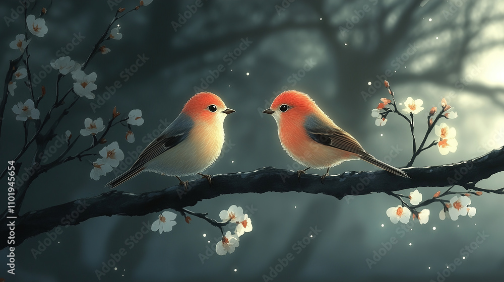 Poster two colorful birds perched on a branch surrounded by blooming flowers in a serene forest setting dur