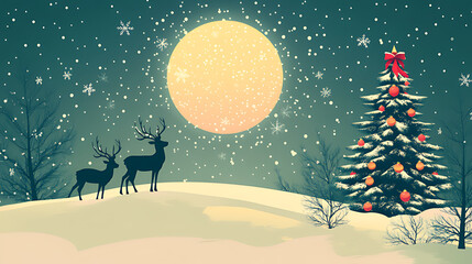 Enchanting Winter Wonderland with Reindeer and Christmas Tree